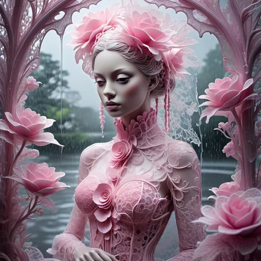 Prompt: dreamy landscape fully transparent majestic woman with Chantilly lace petals on stems with lacy leaves, pink, rain splashes, intertwined strands of layered complex Chantilly lace, macro, award winning, conceptual design, polycarbonate, visible water insides art by Lisa Frank and Carol Buck and Kirsty Mitchell . Surreal, ethereal, dreamy, mysterious, fantasy, highly detailed, perfect composition, gorgeous backgrounds Digital painting 24k