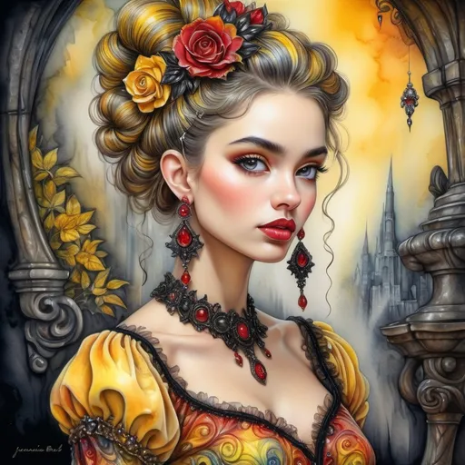 Prompt: beautiful woman, hair pinned up, yellow red black dress, earrings, Watercolor, trending on artstation, sharp focus, studio photo, intricate details, highly detailed, by Josephine Wall and Jasmine Becket-Griffith