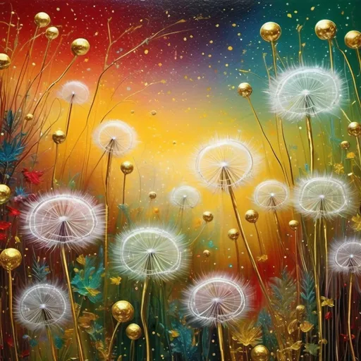 Prompt: Superior sparkling gigantic dandellionart world incredible magical whimsically oilpainting mixed with pure glitter brushstrokes. Delicate whimsically translucent fantasy-fairyart feeling little luxurious details of gold and silver of etherality and maximalisticly detailed. A glasswall highgloss spectrum invisible gradient horizontell wawes lines hills of cottonflowers of softest fur of red green yellow soft pastelneon furdreamtouch backlighted strongly. Double exposure blond gorgeous lovelyfying victorian woman in a pink princesspuffed white laced buttoned tight silky singoallablouse messy hairtales, fascinatorhat in slightly exotic style smiling towards the largest pink iridescent dandellion ever intricated with a superior fairymagical sparkling windy firefliedust like a lightcomet of pink fluffyness Render Top POV Cinematic Glowing lighting Pastel colors Hyper-detailed Aerial Josephine Wall