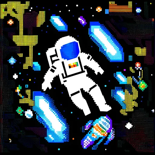 Prompt: Pixel art astronaut, space-themed, retro 8-bit style, vibrant colors, cosmic background, stars and galaxies, detailed spacesuit, floating in zero gravity, highres, pixel art, vibrant colors, cosmic, retro, detailed spacesuit, zero gravity, space-themed, stars and galaxies, 8-bit style, atmospheric lighting