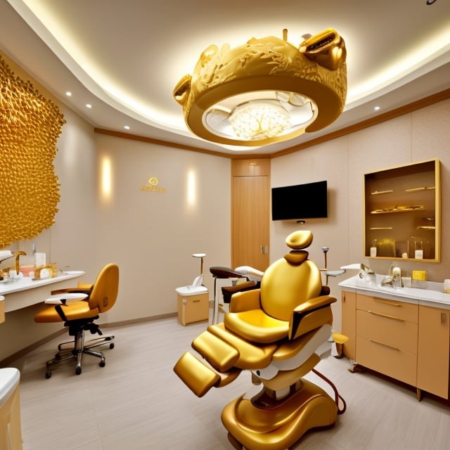 Prompt: Luxury golden dental clinic room with dental chair in the middle