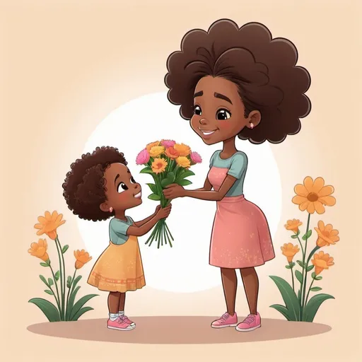 Prompt: Cartoon African American little girl giving flowers to her mother