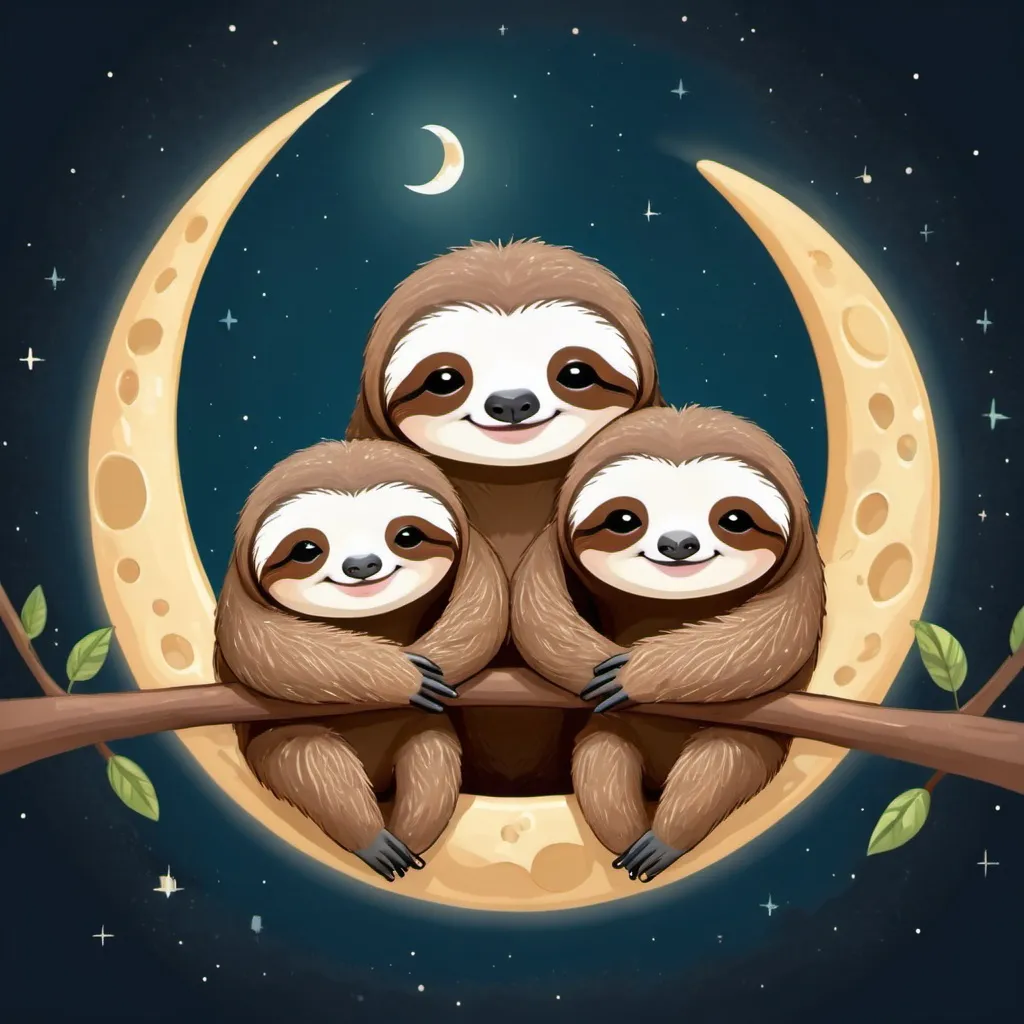 Prompt: Happy sloths Holding hands around the moon signifying strength of a community 