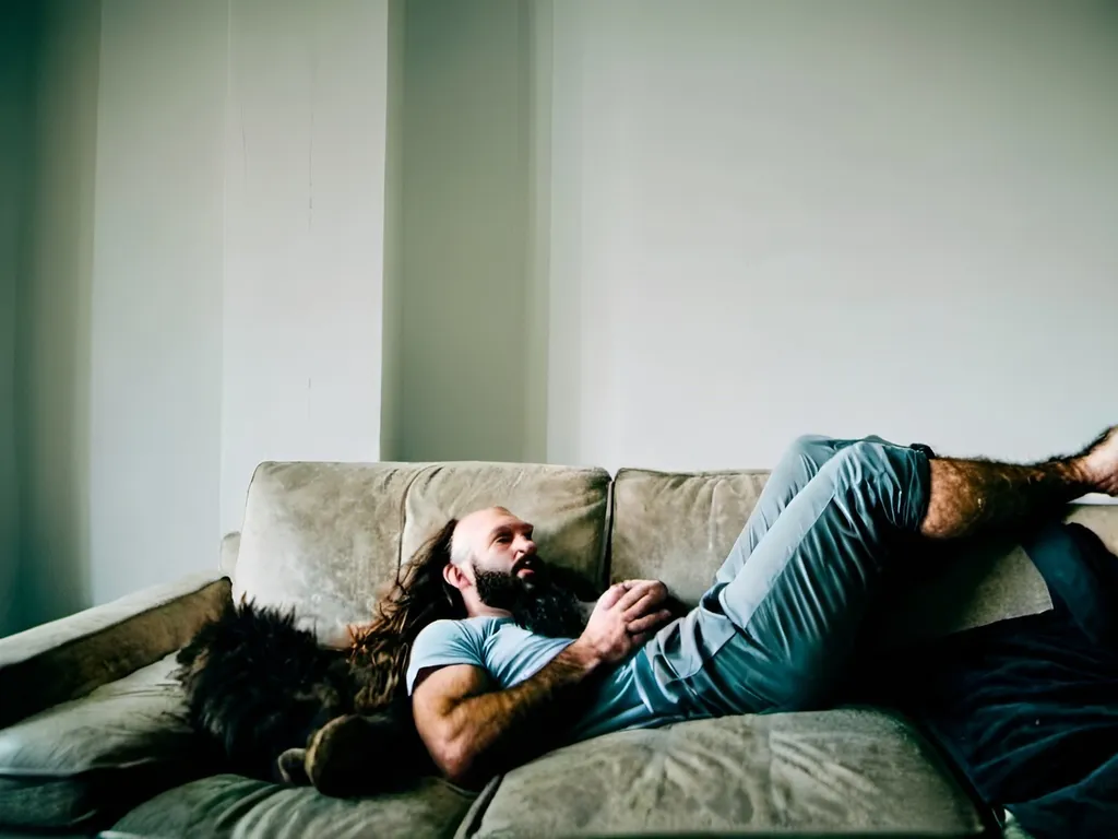 Prompt: a hairy  long haired man laying on a couch with his feet up 