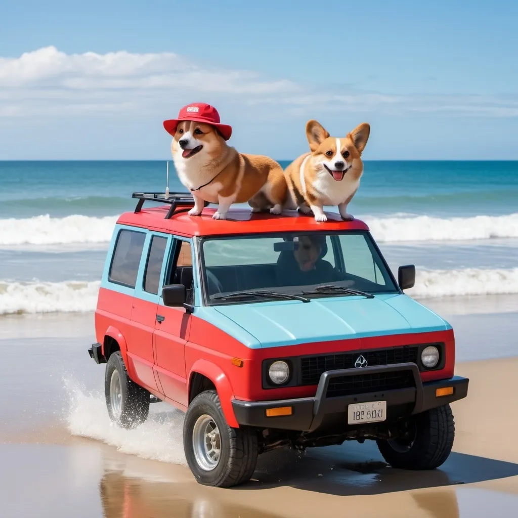 Prompt: A red cybertruck is driving on the beach and a small corgi with a light blue bucket hat is jumping out of the car