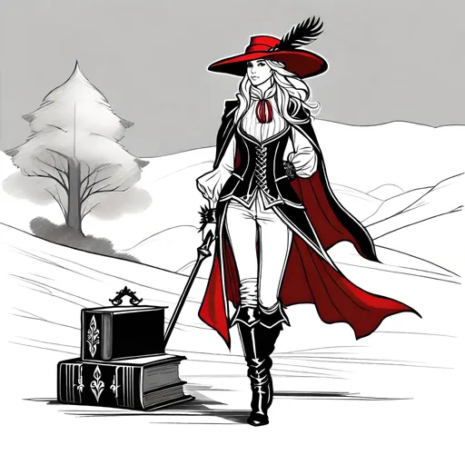 Prompt: elf, ,fantasy, dnd concept art, full body,  simple draw, 2d draw, no color, black and white, cloak, book in hand, leather boots, red Bicorne hat with feather, red victorian clothing