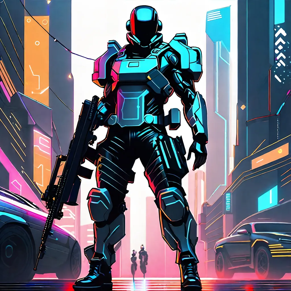 Prompt: standing, looking at camera, full body, cyberpunk, a man,  clever helmet with mask, no hair, 2d ilustration, cyber arm, simple draw,  rotary machine gun instead of an arm no shirt, clever coating all over the body, strong