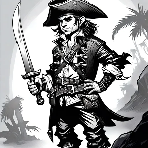 Prompt: Fantasy D&D concept art of a Halfling man, black and white, pirate outfit with a pirate hat, multiple pockets, leather boots, dark hair, intricate belt, high contrast, line art, fantasy, D&D, detailed clothing, pirate concept, black and white, professional art