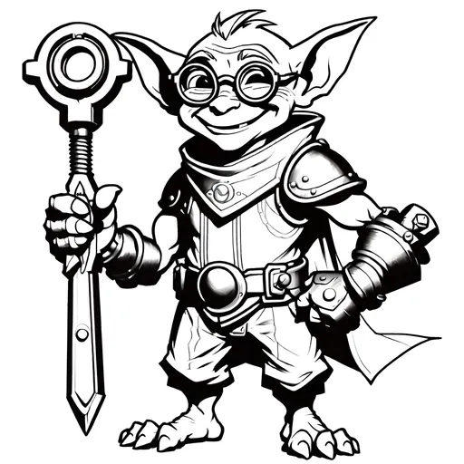 Prompt: goblin, fantasy, dnd concept art, man, pointy big ears, steam punk glasses, smile, lean,happy face, giant wrench, full body, shorty, simple draw, 2d draw, no color, black and white, tinker outfit, giant gauntlet in one hand, tesla armor