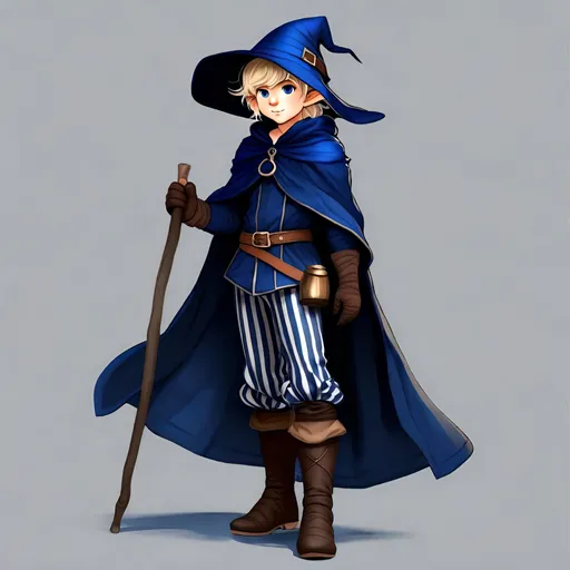 Prompt: fantasy man Halfling, dark blue witch hat, full body, simple draw, dark blue clothes, dark blue robes, rustic staff, blonde medium hair, pointed clog, 2d draw, light blue striped puffy pants, brown gloves