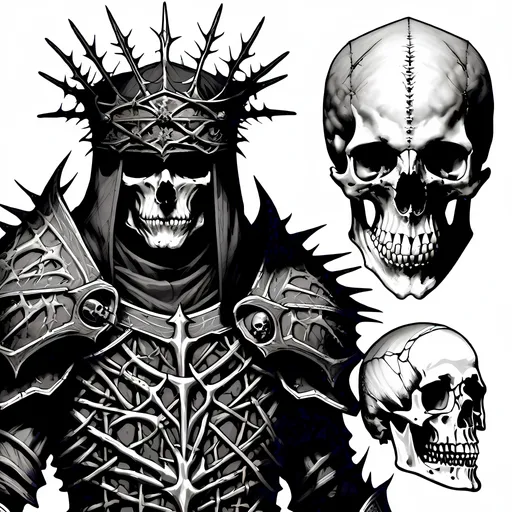 Prompt: Detailed 2D drawing of a monstrous, Crown of thorns, bone armor, and a sample human skull, skull knight, full body, misc-macabre style, fantasy concept art, DND, black and white, manga-style shadows, detailed, aberrant, anomaly, menacing presence, detailed line work, eerie atmosphere, dark fantasy, no color, professional, high-res, black cloak