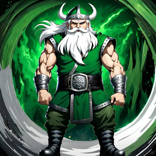 Prompt: full body, standing, fantasy dwarf, sleeveless green shirt, black belt, no armor, long white hair, angry countenance, strong, fantasy, long hair, white big beard, horned green helmet, black boots, black pants, viking silver bracelets, a flash of lightning in background,