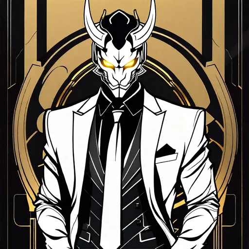 Prompt: standing, looking at camera, full body, cyberpunk, a man,  clever suit, white hannya mask, golden eyes, boar tusk, big black hair tied, 2d ilustration, cyber hand. simple draw