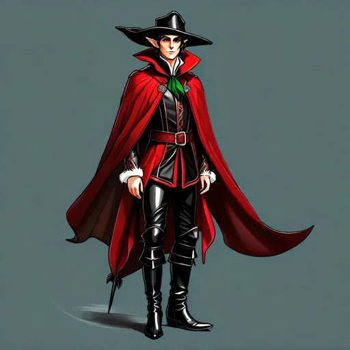 Prompt: Fantasy full-body 2D drawing of a man elf, red Victorian clothing, black leather pants, black leather boots, red cavalier's hat with feather, simple drawing, pointed ears, cloak, fantasy, vibrant colors, simple lighting, simple shadow, unrealistic style