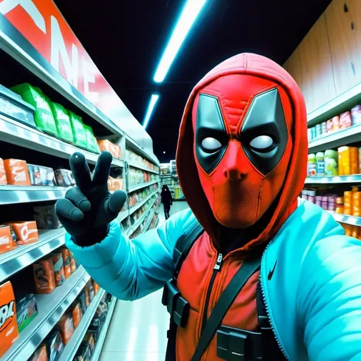 Prompt: fisheye photograph of deadpool in super market and he wears nike winter jacket and his hands has a sprite 