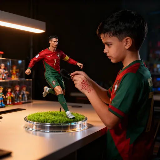 Prompt: “A hyper-realistic 1/7 scale figurine of Cristiano Ronaldo in Portugal jersey #7, mid-action pose, on a round acrylic base with green turf. Scene: modern desk in a cinematic studio, warm dramatic lighting, toy collections softly blurred in background. Nearby, the referenced person in a Portugal jersey carefully brushes the figurine. Premium, polished, filmic atmosphere with deep contrasts.