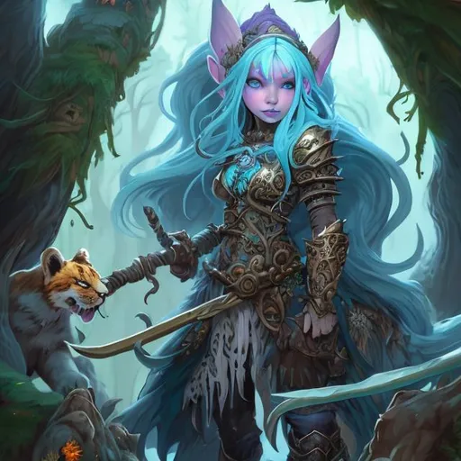 Prompt: Fantasy illustration of a female gnome druid with a scythe, blue hair, and darkwood armor, accompanied by a large white leopard, vibrant fantasy, high detail, whimsical, earthy tones, magical forest lighting, detailed character design, animal companion, highres, fantasy, earthy tones, detailed character design, vibrant colors, magical forest, whimsical lighting, detailed fur, mystical