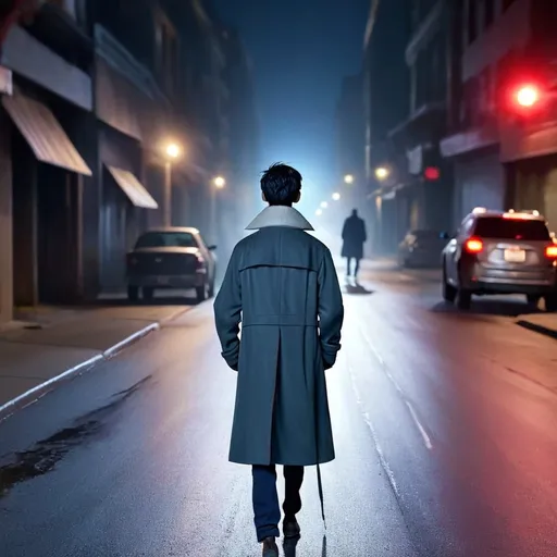 Prompt: A thin person wearing a long coat walking in a street at midnight facing backwards