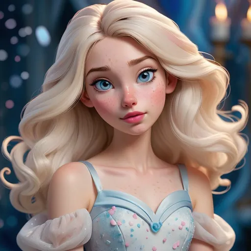 Prompt: Disney style 16 year old beautiful young woman, tall and slender build, dark brown eyes, triangular face, rosy cheeks, thick pink lips, a small nose, long, ash white blonde hair, and pale skin with a light-dusting of freckles. Blue icy swirls of magic. White gala dress.