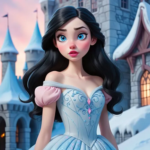 Prompt: Disney style 16 year old beautiful young woman, tall and slender build, blue eyes, triangular face, rosy cheeks, thin pink lips, a small nose, long, raven black hair, and pale skin. Blue icy swirls of magic. White gala dress, snowy background in a nordic castle.