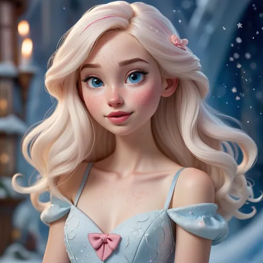 Prompt: Disney style 16 year old beautiful young woman, tall and slender build, brown eyes, triangular face, rosy cheeks, thin pink lips, a small nose, long, platinum- white blonde hair, and pale skin with a light-dusting of freckles. Blue icy swirls of magic. White gala dress.