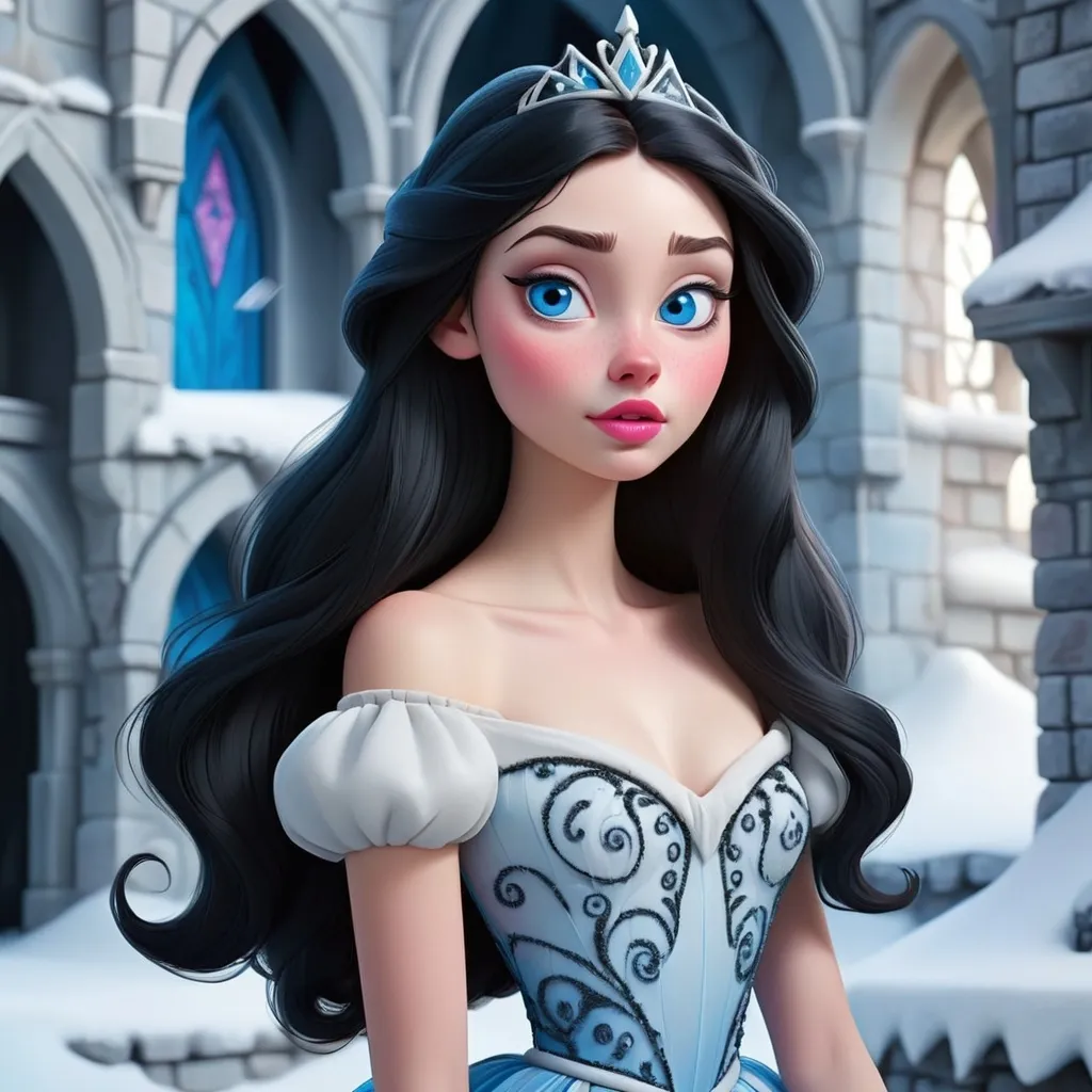 Prompt: Disney style 16 year old beautiful young woman, tall and slender build, blue eyes, triangular face, rosy cheeks, thin pink lips, a small nose, long, raven black hair, and pale skin. Blue icy swirls of magic. White gala dress, snowy background in a nordic castle.