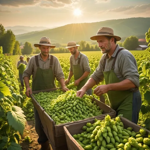 Prompt: hop pickers working