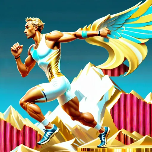 Prompt: 3d circle golden reef Gold medal edge with carvings of white good looking athletic male fast sprinter in profile view, with long golden wings, sprinting with his feet touching  gold mountain ridges, wearing gold tank-top and gold shorts, racing to finish line.