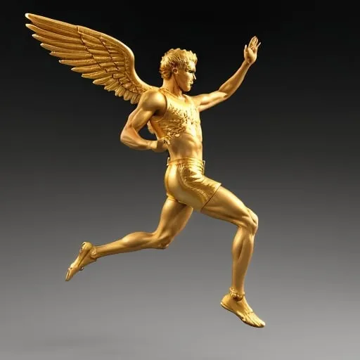 Prompt: 3d circle golden reef Gold medal edge with carvings of white good looking athletic male fast sprinter in profile view, with long golden wings, sprinting with his feet touching  gold mountain ridges, wearing gold tank-top and gold shorts, racing to finish line.