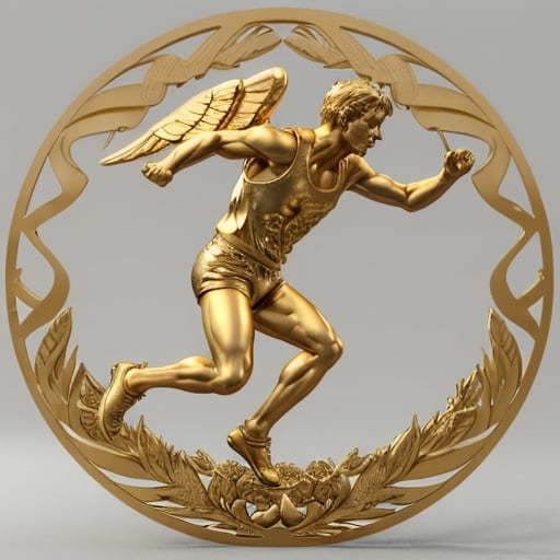 Prompt: 3d circle golden reef Gold medal edge with carvings of white good looking athletic male fast sprinter in profile view, with 2 long golden wings, sprinting with his feet touching  gold mountain ridges, wearing gold tank-top and gold shorts, racing ahead.