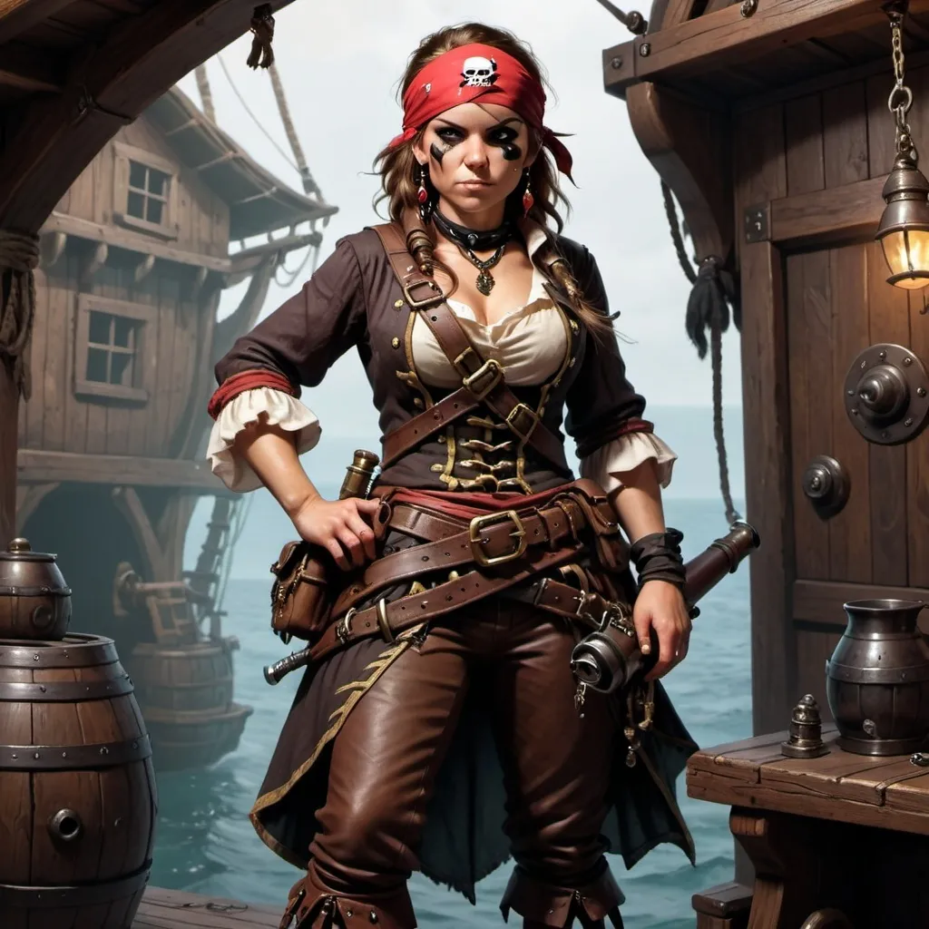 Prompt: pirate, cabin girl, bandana, female, gruff, standing, holding a blunderbuss, DnD style, fantasy