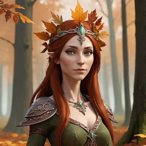 Prompt: Animated style, Female Eladrin (Autumn), slender, with auburn hair, a foliage headdress, standing.