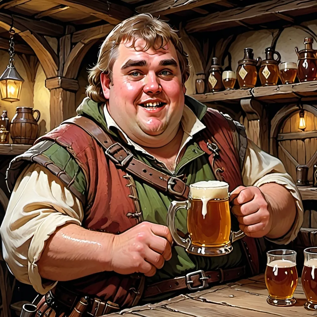 Prompt: Medieval, drunkard, John Candy, tankard of mead, in a tavern, DnD style, fantasy 