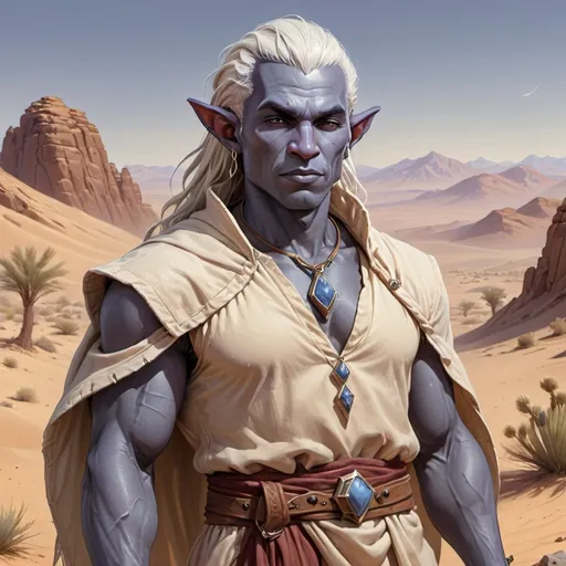 Prompt: DnD male Earth Genasi with gray stone-like skin complexion in desert clothes,  in a DnD art style