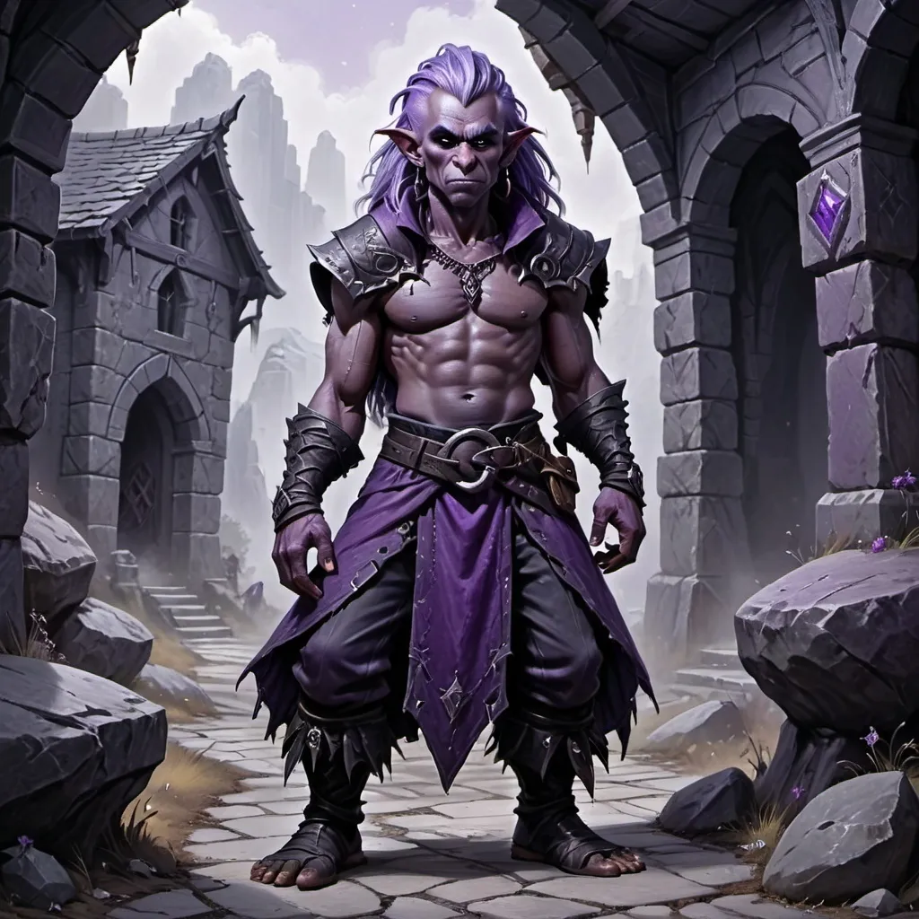 Prompt: Duergar ,male, purple drow skin, white punk rock hair, short and stocky like a dwarf, standing, gruff thug, long snout, mean, DnD style, fantasy