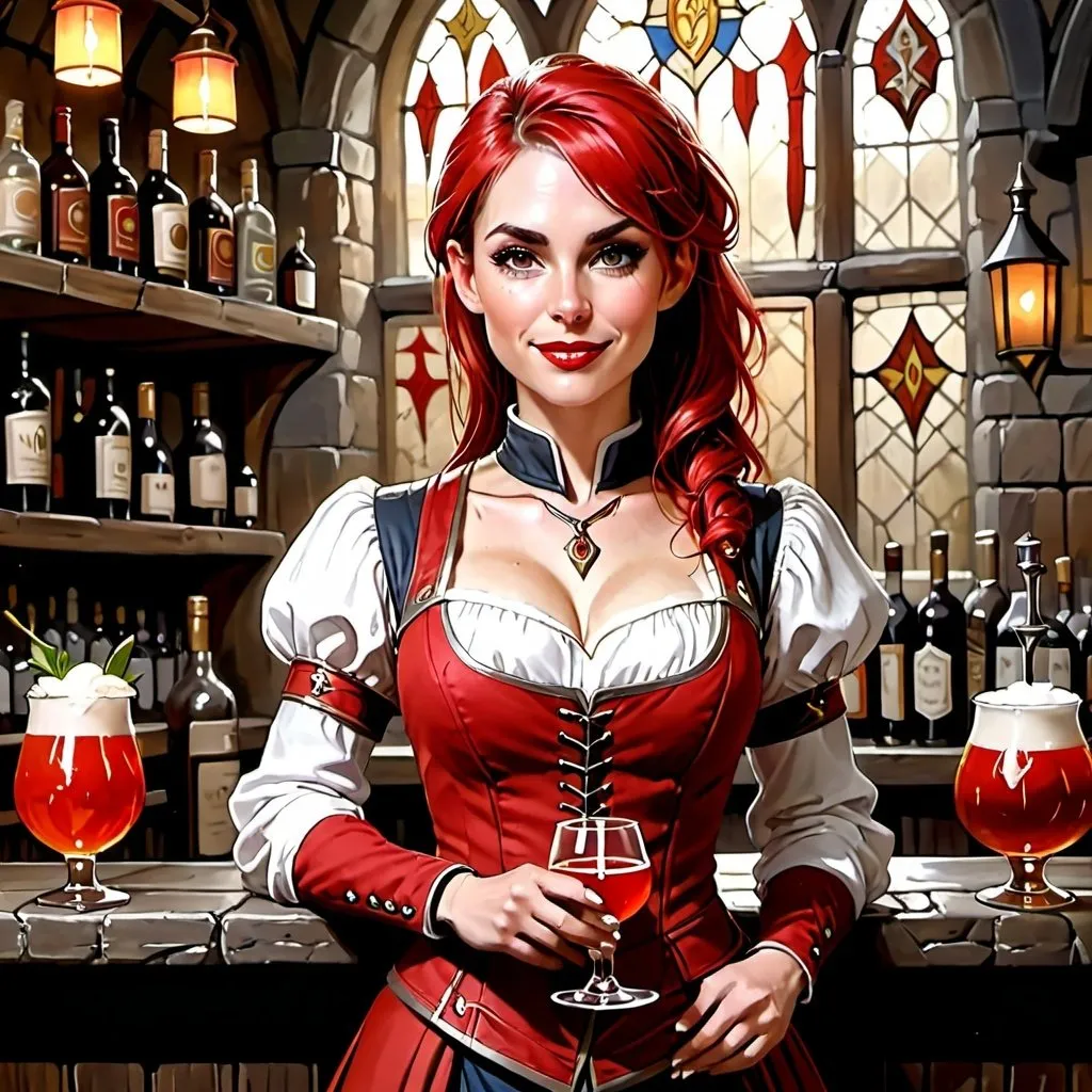Prompt: human, bartender, female, red uniform, middle aged, medieval, fantasy