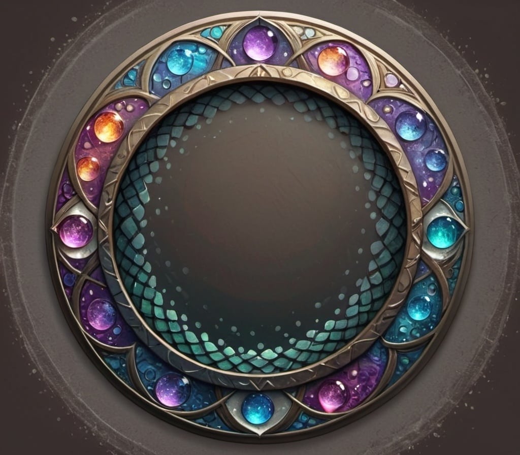 Prompt: circle token, slim outer edge, outer edge adorned with magic scales style, empty inside the circle, white background, fantasy, pattern illustration