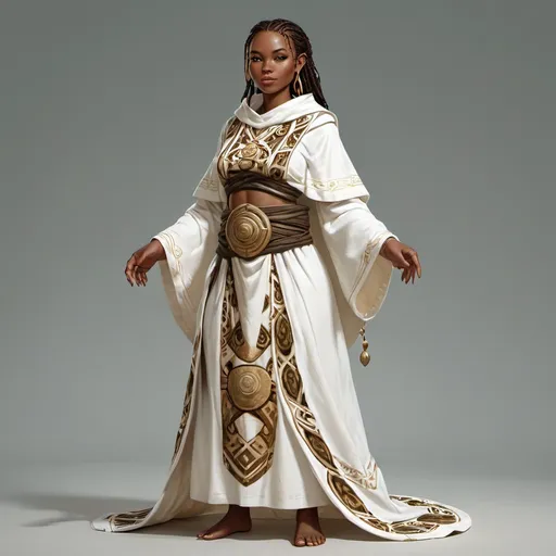 Prompt: DnD female African priestess in a white robe that has turtle patterns on it, in an animated DnD artist style, full body