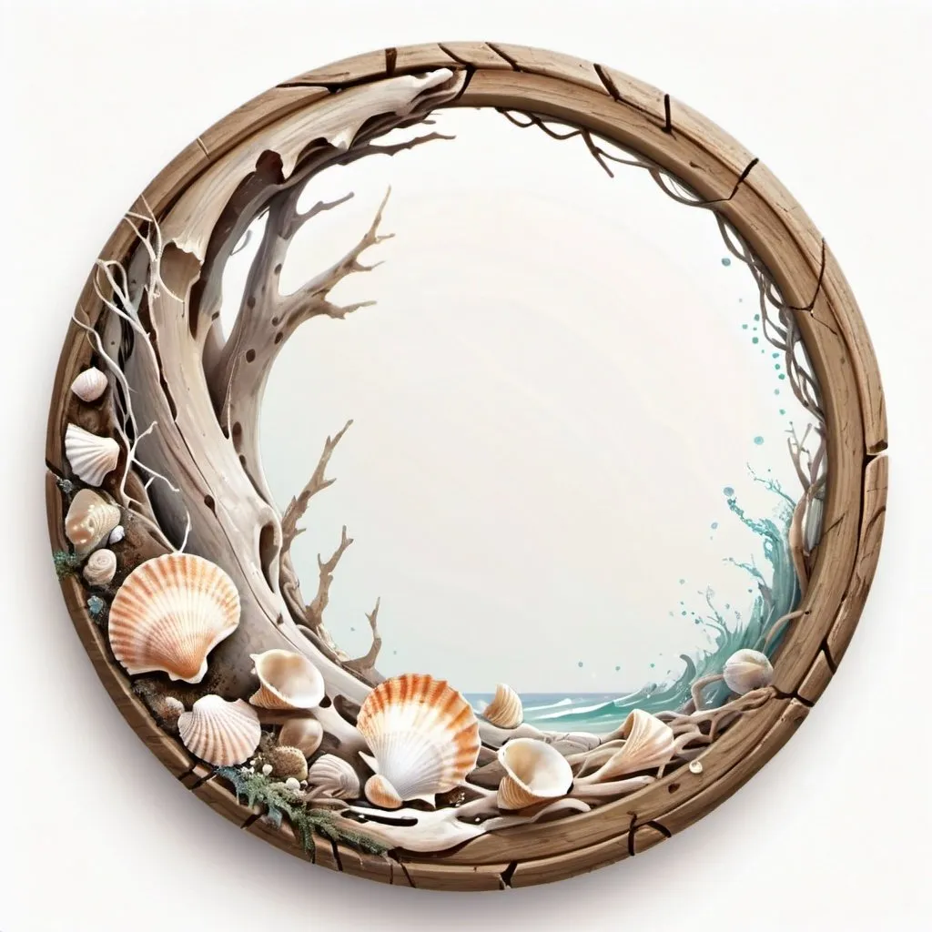 Prompt: a circle token, slim outer edge, outer edge adorned with driftwood style, empty inside the circle, white background, fantasy, seashell and music pattern illustration