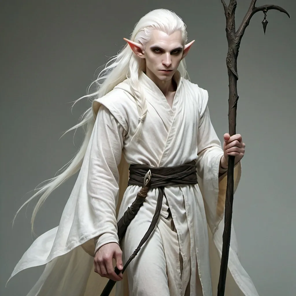 Prompt: Shadar-Kai, elf, ashy albino skin, long white hair, blacked out eyes, blacl robes, wooden staff, DnD style, fantasy