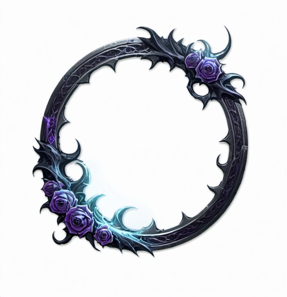 Prompt: A circle token, slim outer edge, outer edge adorned with necromancer style, empty inside the circle, white background, fantasy, necromancer pattern illustration