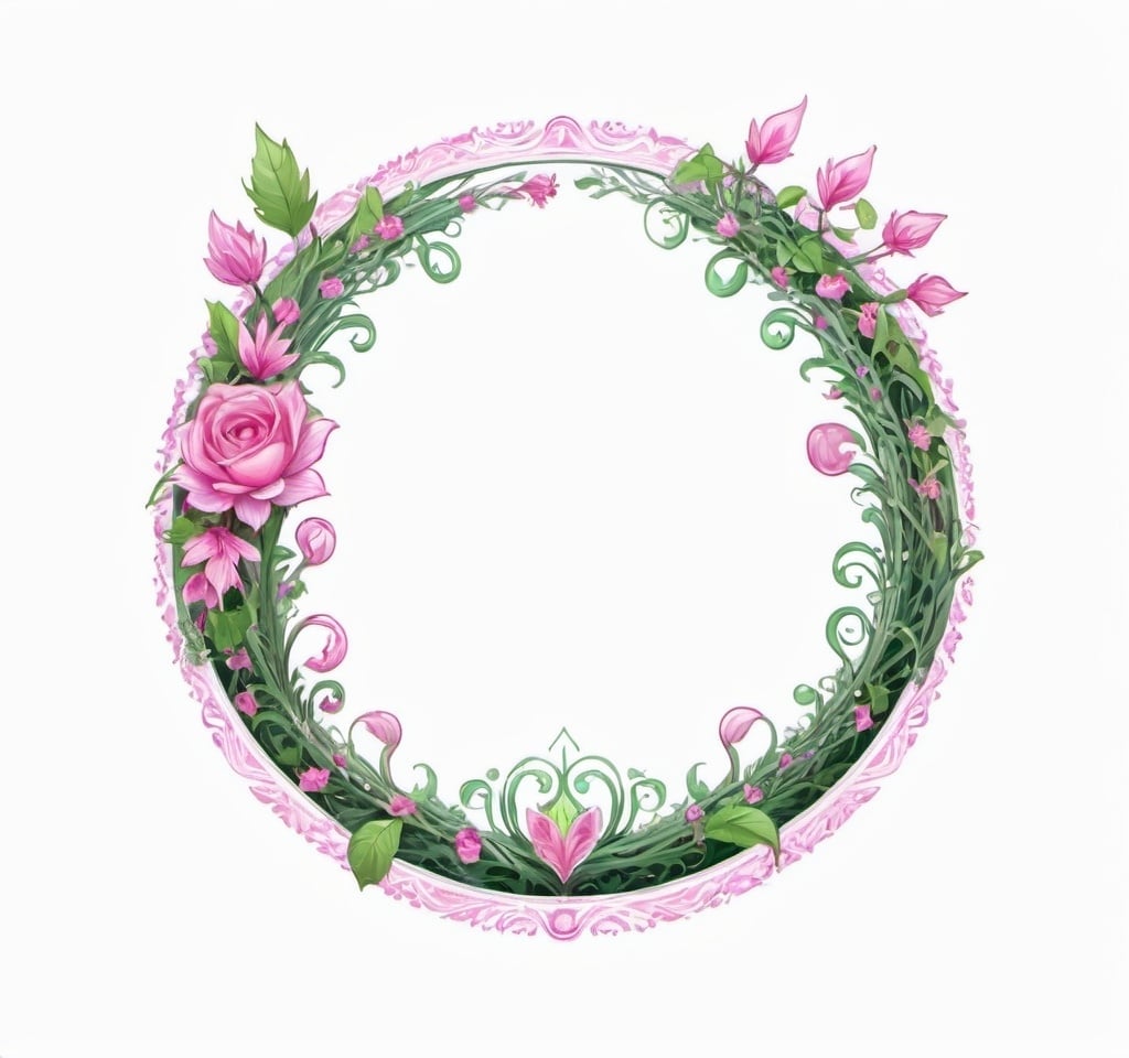 Prompt: Female Elf, slender, with pink hair, as a circle token, slim outer edge, outer edge adorned with pink floral style style, empty inside the circle, white background, fantasy, pattern illustration