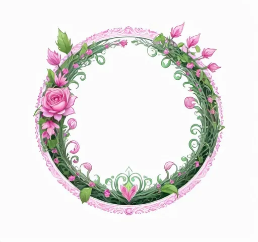 Prompt: Female Elf, slender, with pink hair, as a circle token, slim outer edge, outer edge adorned with pink floral style style, empty inside the circle, white background, fantasy, pattern illustration
