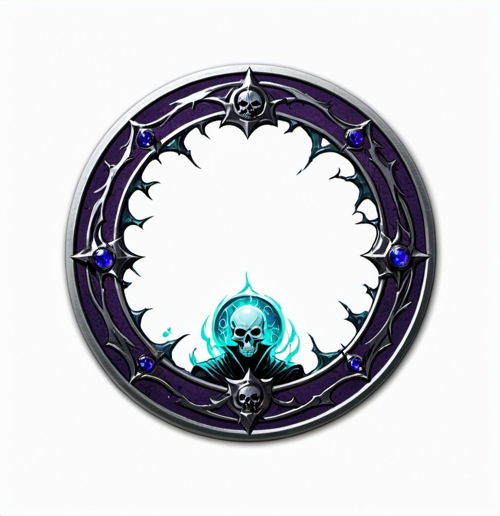 Prompt: A circle token, slim outer edge, outer edge adorned with necromancer style, empty inside the circle, white background, fantasy, necromancer pattern illustration