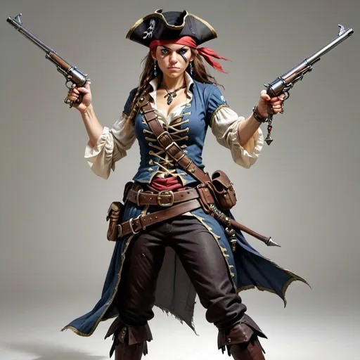 Prompt: female, pirate, pirate bandana, holding musket with both hands, aiming, standing, DnD style, fantasy