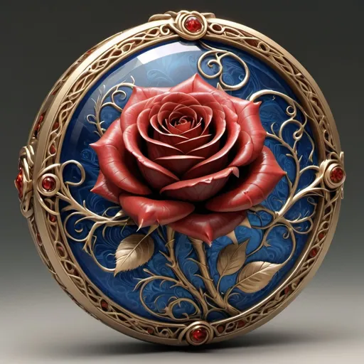 Prompt: An amulet with the sapphire gem etched with the design of a red rose in full bloom, the petals spiraled into a veil-like swirl, with thorned vines coiled beneath.