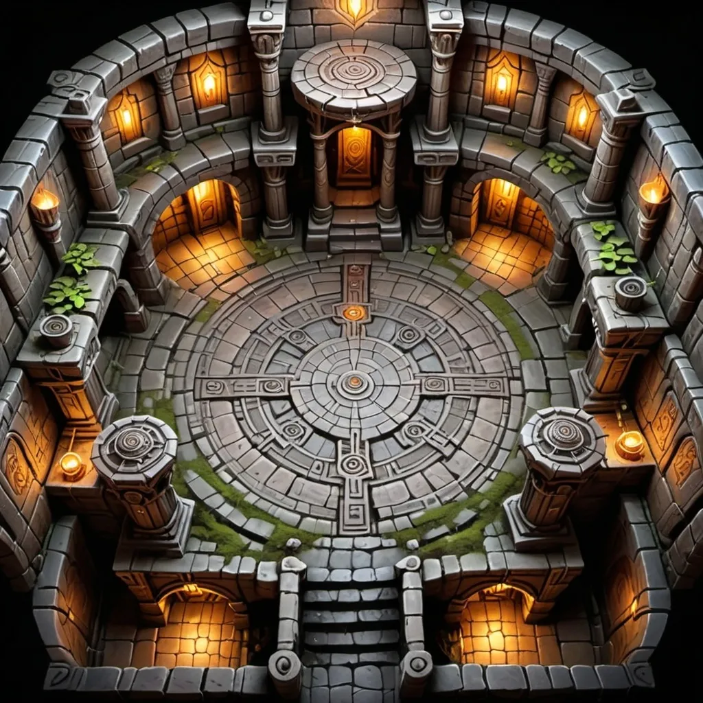 Prompt: Underground temple, DnD battlemap, top-down view, over head, DnD style art