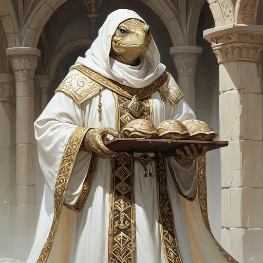 Prompt: A human religious worshipper wearing white robes adorned with turtle shell patterns that are white like the robes, in a DnD art style.
