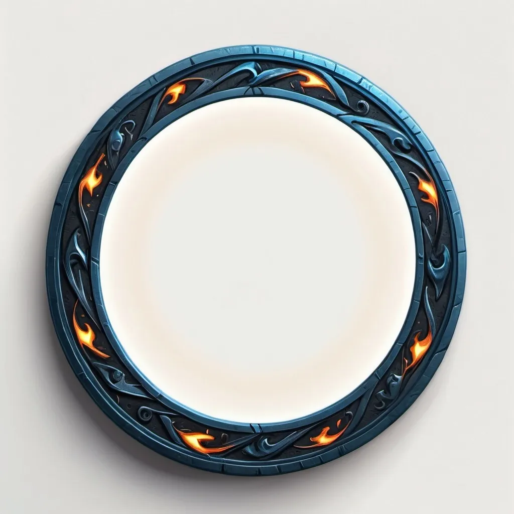 Prompt: a circle token, slim outer edge, blue and black outer edge adorned with fire style, empty inside the circle, white background, fantasy, fire pattern illustration