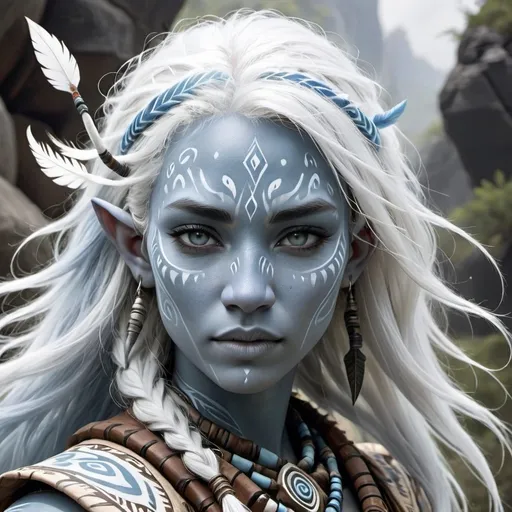 Prompt: Air Genasi, female, white flowing hair, light grey-blue skin, tribal markings on face, DnD style, fantasy